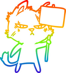rainbow gradient line drawing of a tough cartoon cat with protest sign