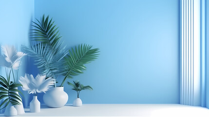 Abstract Gradient Blue Studio Background for Product Presentation - With flowerpots and shadows from a window