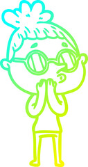 cold gradient line drawing of a cartoon woman wearing glasses