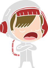 flat color style cartoon astronaut woman explaining