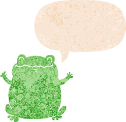 cartoon toad with speech bubble in grunge distressed retro textured style