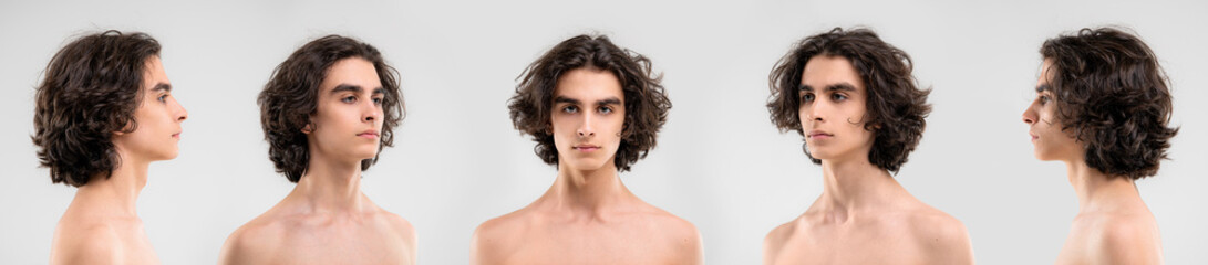 Portrait of a handsome young man with lush curly hair on a white background. five projections.