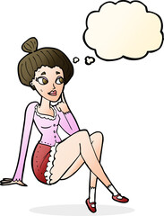 cartoon attractive woman sitting thinking with thought bubble