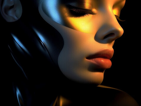 H&uuml;bsches Frauen Gesicht mit gold Aplikation Visagistik und Maske Poster Nahaufnahme, ai generativ