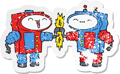 distressed sticker of a cartoon robots connecting