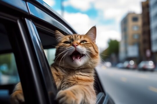 Happy cat with head out of the car window having fun. Generative AI