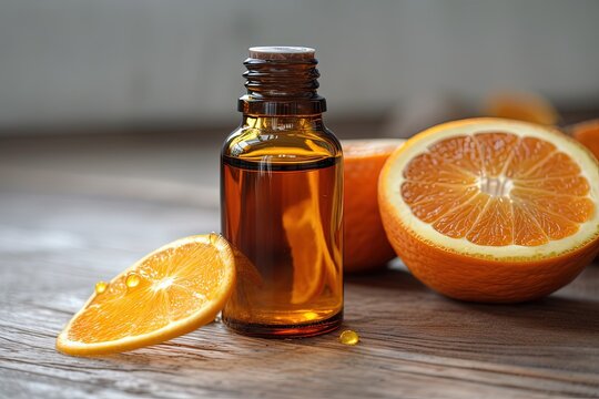 Orange essential oil with fresh sliced orange fruits - Generative Ai