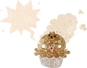 cute cartoon pie with speech bubble in grunge distressed retro textured style