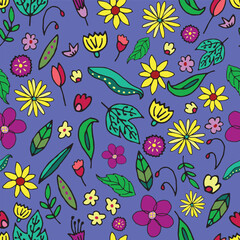Blue floral seamless vector pattern with leaves. Variety of flowers and leaves on blue background. Blooming meadow pattern.