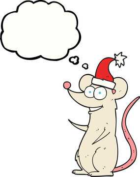 freehand drawn thought bubble cartoon mouse wearing christmas hat