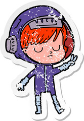 distressed sticker of a cartoon astronaut woman