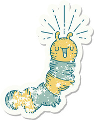 worn old sticker of a tattoo style happy caterpillar