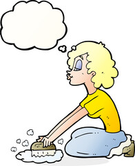 cartoon woman scrubbing floor with thought bubble