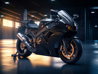 A superbike in the parking lot. In an area that uses cinematic lighting and light sources from a certain direction. Picture settings for advertisement photography.