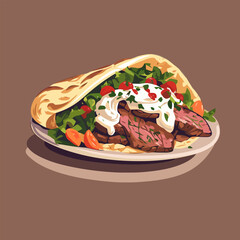 Tasty fresh wrap gyro sandwich with beef and vegetables vector illustration
