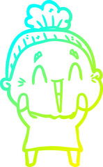 cold gradient line drawing of a cartoon happy old lady