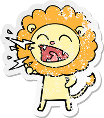 distressed sticker of a cartoon roaring lion