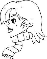 freehand drawn black and white cartoon woman wearing scarf