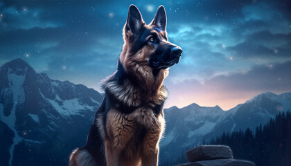 German shepard on the mountain howling to the moon blue
