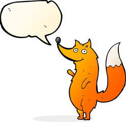 cartoon waving fox with speech bubble