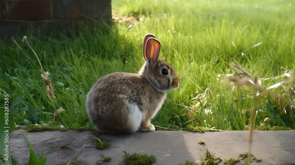 Wall mural Realistic bunny rabbit on a stone block boulder near the grass in sunlight - Wall murals
