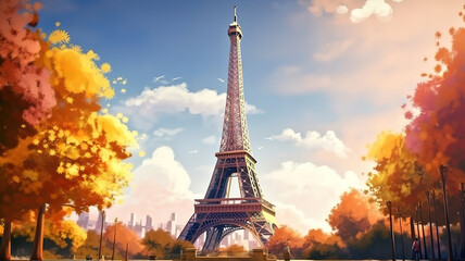 Fototapeta na wymiar The Eiffel Tower, bright color. Generative Ai