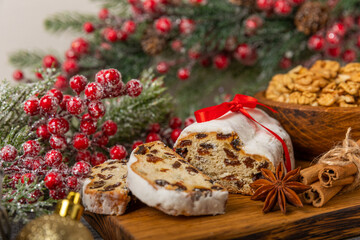Christmas stollen on wooden background. Traditional Christmas festive pastry dessert. Stollen for Christmas.Christmas fruit cake, pudding on a white plate.Traditional German Christmas pastry.
