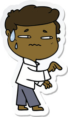 sticker of a cartoon anxious man pointing