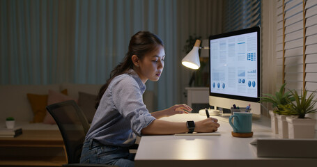 Young asia woman talent workforce people happy work hard late night busy sit at home office desk...
