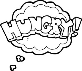 freehand drawn thought bubble cartoon hungry text