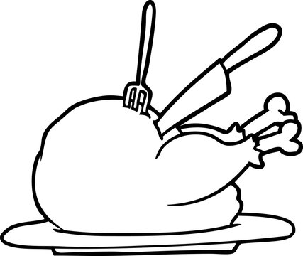 line drawing of a cooked turkey being carved
