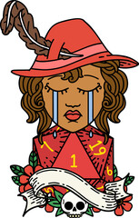 Retro Tattoo Style crying human druid character with natural one D20 roll