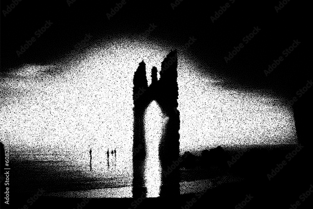 Poster Ancient ruins in sci-fi scene with dotwork retro style. Mysterious gate debris with dramatic lights and retro texture
