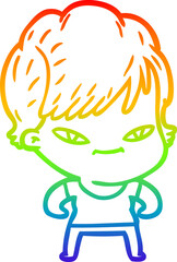 rainbow gradient line drawing of a cartoon happy woman