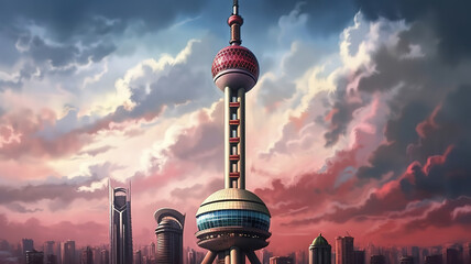 Shanghai city with bright lights. Generative Ai - obrazy, fototapety, plakaty