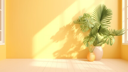 Abstract Gradient Light Yellow Studio Background for Product Presentation - With flowerpots and shadows from a window