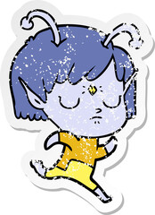 distressed sticker of a cartoon alien girl