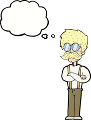 cartoon hipster man with mustache and spectacles with thought bubble