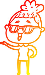 warm gradient line drawing of a cartoon happy woman wearing spectacles