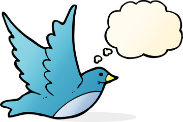cartoon flying bird with thought bubble