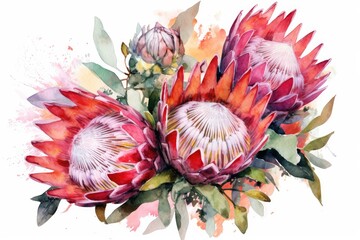 Bold Protea Bouquet watercolor painting. Generative AI