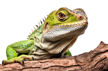 Close-up of a big green lizard on the branch isolated on transparent background, Generative AI - obrazy, fototapety, plakaty