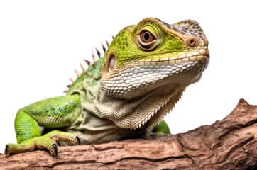 Foto op Plexiglas Close-up of a big green lizard on the branch isolated on transparent background, Generative AI © Aleksandr Bryliaev
