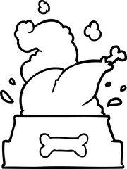 line drawing of a whole cooked turkey crammed into a dog bowl for a happy christmas pup