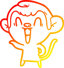 warm gradient line drawing of a cartoon laughing monkey