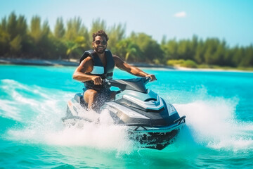 Fototapeta na wymiar Good looking man driving a jet ski and having fun on vacation in summer, adrenaline experience. Generative AI