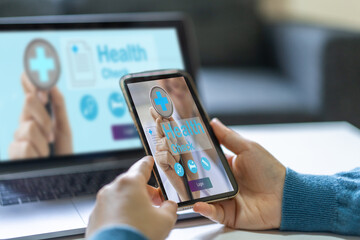 Human use phone with medical health check up, healthcare, hospital, insurance, mental health care, medical, good health, online medical, doctor caregiver and check up patient concept