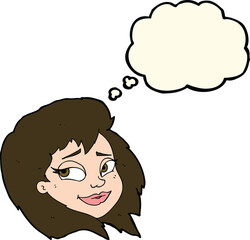 cartoon happy female face with thought bubble