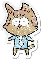 distressed sticker of a happy cartoon cat office worker
