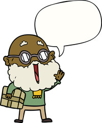 cartoon joyful man with beard and parcel under arm with speech bubble